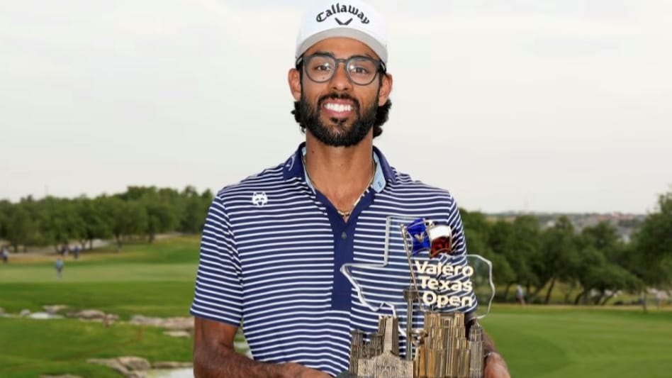 Akshay Bhatia with his Valero Texas Open trophy in San Antonio on Sunday. Image courtesy PGA Tour. Akshay Bhatia with his Valero Texas Open trophy in San Antonio on Sunday. Image courtesy PGA Tour.