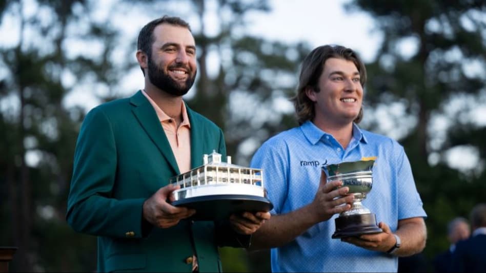 Neal Shipley (right) with his low amateur Silver Cup and 88th Masters winner Scottie Scheffler at Augusta National Golf Club on Sunday. Image courtesy Augusta National. Neal Shipley (right) with his low amateur Silver Cup and 88th Masters winner Scottie Scheffler at Augusta National Golf Club on Sunday. Image courtesy Augusta National.
