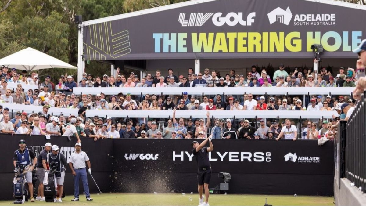 Brendan Steele of HyFlyers GC in action during the second round of LIV Golf Adelaide where he currently leads the individual competition and has the HyFlyers in second place Image courtesy LIV Golf.
