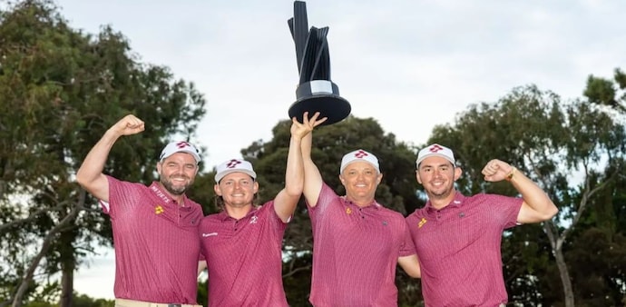 Members of the all-Australian Ripper GC pose with their LIV Golf Adelaide team trophy after winning in a first-ever team playoff over the South Africans of Stinger GC. Image courtesy livgolf.com. Members of the all-Australian Ripper GC pose with their LIV Golf Adelaide team trophy after winning in a first-ever team playoff over the South Africans of Stinger GC. Image courtesy livgolf.com.