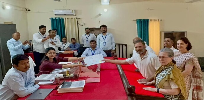 Congress leader Rahul Gandhi filed his nomination papers for the Raebareli Lok Sabha seat in Uttar Pradesh. Sonia Gandhi, sister Priyanka Gandhi Vadra, brother-in-law Robert Vadra were by his side. Congress leader Rahul Gandhi filed his nomination papers for the Raebareli Lok Sabha seat in Uttar Pradesh. Sonia Gandhi, sister Priyanka Gandhi Vadra, brother-in-law Robert Vadra were by his side.