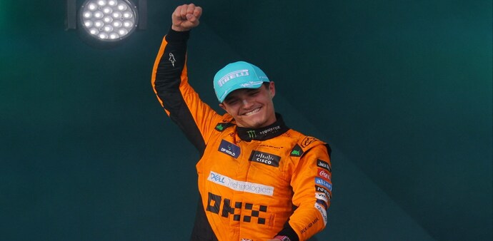Formula One F1 - Miami Grand Prix - Miami International Autodrome, Miami, Florida, United States - May 5, 2024 McLaren's Lando Norris celebrates winning the Miami Grand Prix on the podium REUTERS/Brian Snyder Formula One F1 - Miami Grand Prix - Miami International Autodrome, Miami, Florida, United States - May 5, 2024 McLaren's Lando Norris celebrates winning the Miami Grand Prix on the podium REUTERS/Brian Snyder