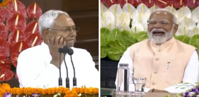 Nitish Kumar and Narendra Modi's bonhomie was on full display as the two leaders traded smiles and warm handshakes after the Bihar Chief Minister gave a glowing speech backing a third term for Modi. Nitish Kumar and Narendra Modi's bonhomie was on full display as the two leaders traded smiles and warm handshakes after the Bihar Chief Minister gave a glowing speech backing a third term for Modi.