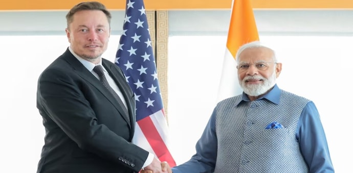 Prime Minister Narendra Modi shakes hand with Tesla Chief Executive Elon Musk during their meeting in New York City in June 2023. (Photo: Reuters) Prime Minister Narendra Modi shakes hand with Tesla Chief Executive Elon Musk during their meeting in New York City in June 2023. (Photo: Reuters)