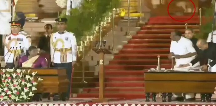 The animal, allegedly a leopard, was seen casually walking in the Rashtrapati Bhavan when the official procedure was being carried out. The animal, allegedly a leopard, was seen casually walking in the Rashtrapati Bhavan when the official procedure was being carried out.