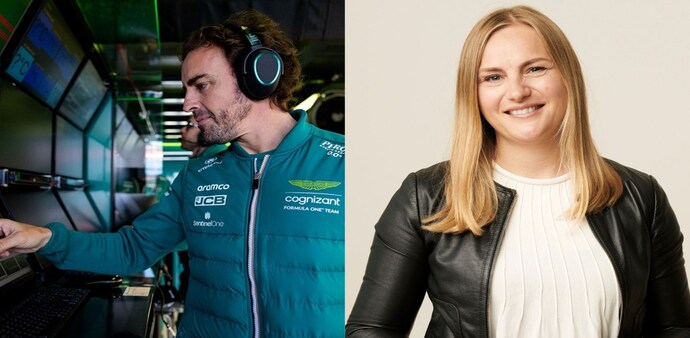 Aston Martin F1 Driver Fernando Alonso and Dorthe Krogh Jensen, Chief Marketing Officer at EPOS Aston Martin F1 Driver Fernando Alonso and Dorthe Krogh Jensen, Chief Marketing Officer at EPOS
