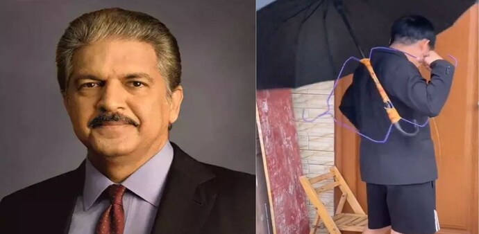 In the video, the man attaches two hangers to the umbrella handle, adjusts them, and wears the umbrella on his back. In the video, the man attaches two hangers to the umbrella handle, adjusts them, and wears the umbrella on his back.