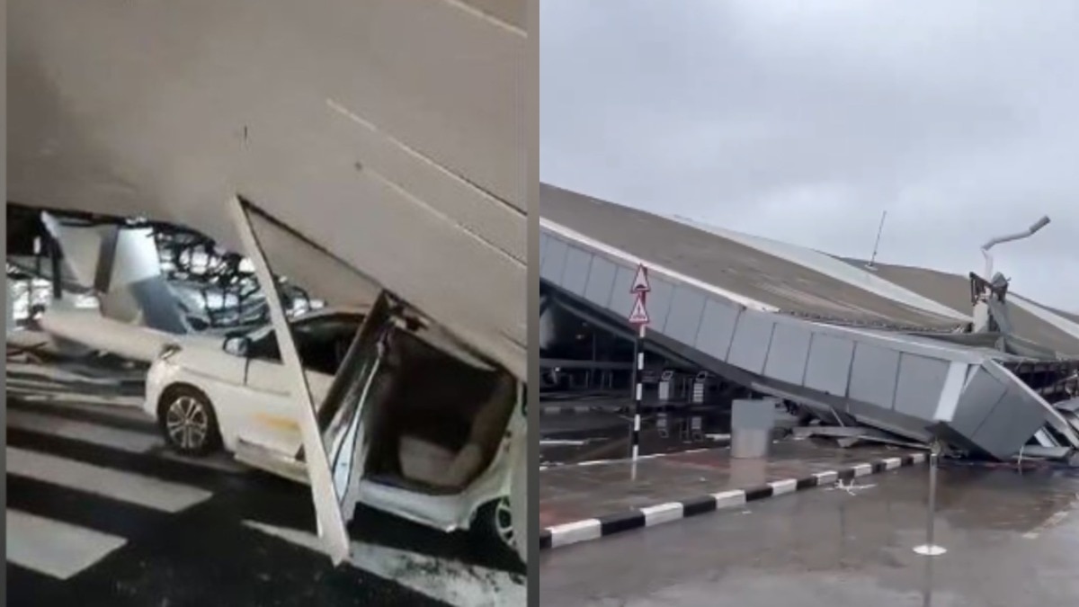 The canopy and a huge metal beam at the pick-up and drop area outside Delhi airport’s terminal 1 collapsed this morning, amid heavy rainfall. The canopy and a huge metal beam at the pick-up and drop area outside Delhi airport’s terminal 1 collapsed this morning, amid heavy rainfall.