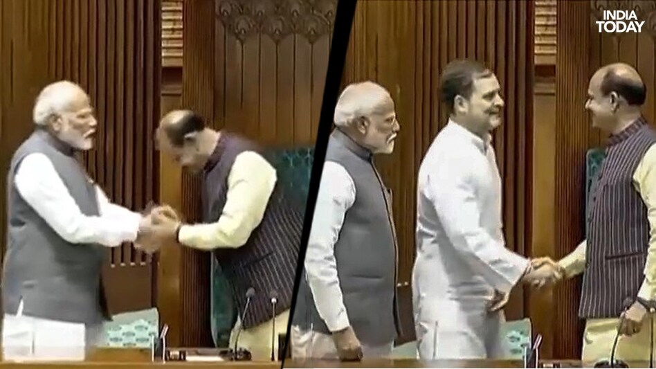 Lok Sabha speaker OM Birla shakes hands with Rahul Gandhi, bows down in front of PM Modi Lok Sabha speaker OM Birla shakes hands with Rahul Gandhi, bows down in front of PM Modi