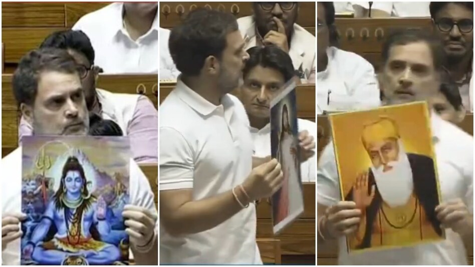 Rahul Gandhi displaying pictures of Lord Shiva, Jesus Christ, and Guru Nanak in the Lok Sabha. Rahul Gandhi displaying pictures of Lord Shiva, Jesus Christ, and Guru Nanak in the Lok Sabha.