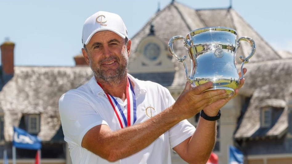 Richard Bland with the Francis D. Ouimet Memorial Trophy after winning the weather-delayed 44th Senior US Open at Newport, Rhode Island, on Monday. Image courtesy USGA. Richard Bland with the Francis D. Ouimet Memorial Trophy after winning the weather-delayed 44th Senior US Open at Newport, Rhode Island, on Monday. Image courtesy USGA.
