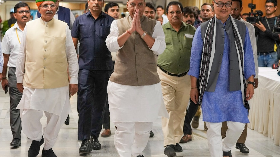 Union Defence Minister Rajnath Singh, Union Minister for Parliamentary Affairs Kiren Rijiju and Union Minister of State for Parliamentary Affairs Arjun Ram Meghwal arrive to attend the all-party meeting. Union Defence Minister Rajnath Singh, Union Minister for Parliamentary Affairs Kiren Rijiju and Union Minister of State for Parliamentary Affairs Arjun Ram Meghwal arrive to attend the all-party meeting.