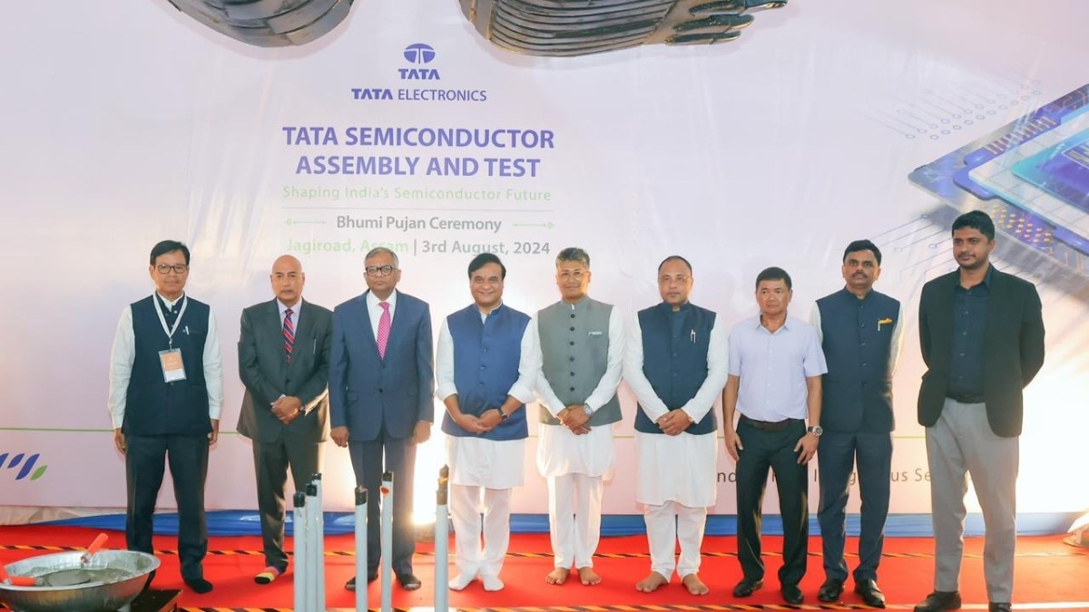Himata Biswa Sarma, CM of Assam, and N Chandrasekaran, Chairman of Tata Sons, along with other dignitaries attended the ‘Bhoomi Pujan’ ceremony for Tata Electronics’s first semiconductor assembly and test facility in Jagiroad, Assam, on August 3. Himata Biswa Sarma, CM of Assam, and N Chandrasekaran, Chairman of Tata Sons, along with other dignitaries attended the ‘Bhoomi Pujan’ ceremony for Tata Electronics’s first semiconductor assembly and test facility in Jagiroad, Assam, on August 3.