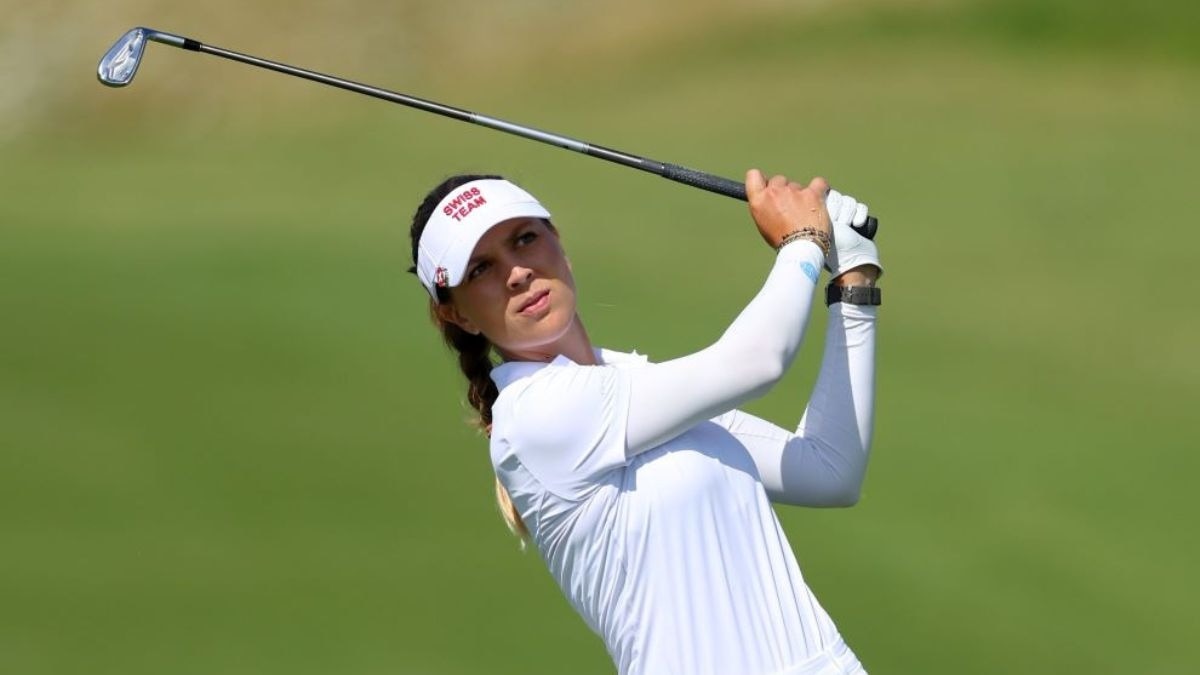 Day two leader Morgane Metraux of Switzerland in action at the Le Golf National course near Paris on Thursday. Image courtesy Olympic Golf.