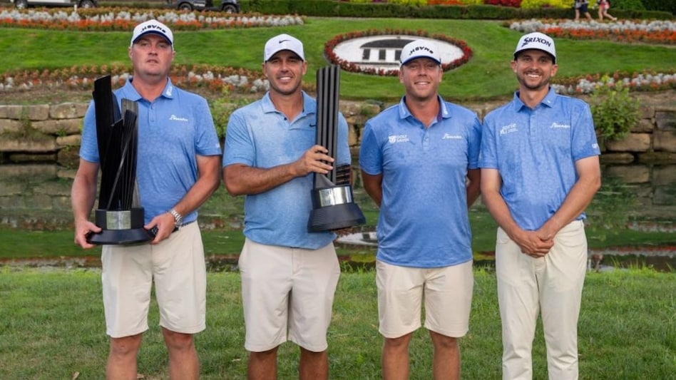 Smash GC members (from left) Jason Kokrak, captain Brooks Koepka, Talor Gooch and substitute player John Catlin, with their team and individual champion trophies at While Sulphur Springs, West Virginia, on Sunday. Smash GC members (from left) Jason Kokrak, captain Brooks Koepka, Talor Gooch and substitute player John Catlin, with their team and individual champion trophies at While Sulphur Springs, West Virginia, on Sunday.