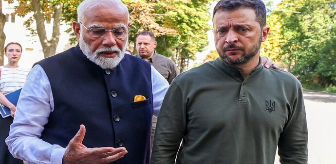 Prime Minister Narendra Modi with Ukrainian President Volodymyr Zelenskyy honour the memory of children during a visit to ‘Martyrologist’ Exposition, in Kyiv, Ukraine, on August 23. Prime Minister Narendra Modi with Ukrainian President Volodymyr Zelenskyy honour the memory of children during a visit to ‘Martyrologist’ Exposition, in Kyiv, Ukraine, on August 23.
