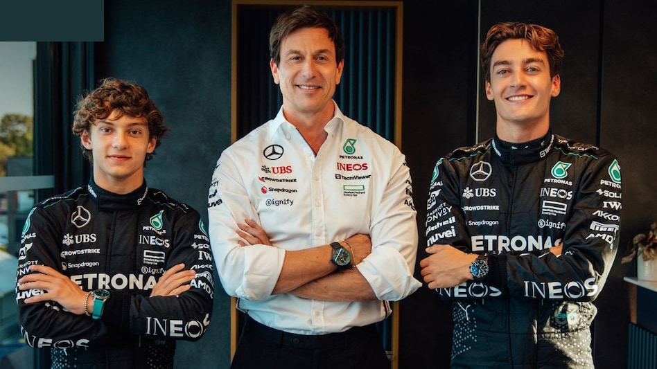 Mercedes team principal Toto Wolff (centre) with Kimi Antonelli (left) and George Russell Mercedes team principal Toto Wolff (centre) with Kimi Antonelli (left) and George Russell