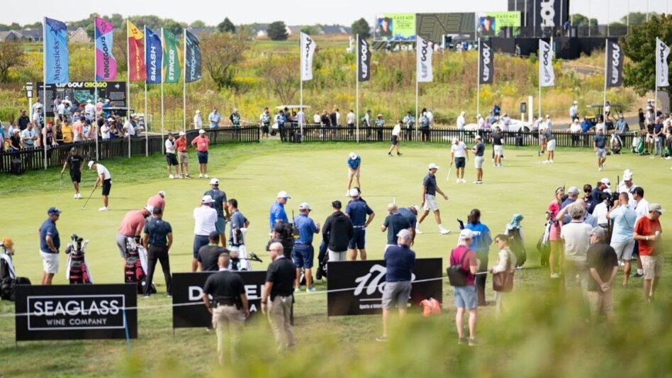 Players on the putting green ahead of the start of LIV Golf Chicago at Bolingbrook Golf Club on Friday. Image courtesy livgolf.com. Players on the putting green ahead of the start of LIV Golf Chicago at Bolingbrook Golf Club on Friday. Image courtesy livgolf.com.