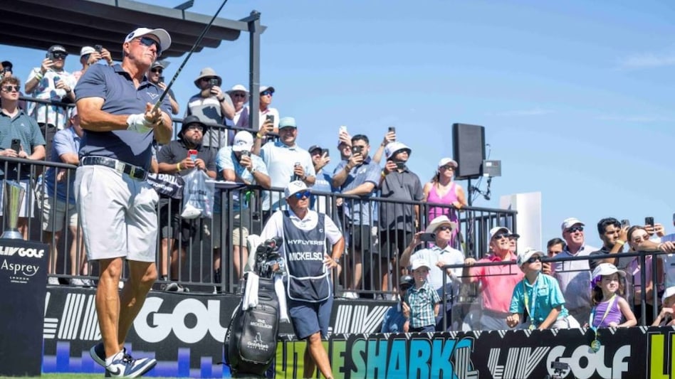 Phil Mickelson in action during the foursomes for HyFlyers GC who upset fifth seeds Torque GC at the LIV Golf Dallas Team Championship on Friday. Image courtesy LIV Golf/Charles Laberge. Phil Mickelson in action during the foursomes for HyFlyers GC who upset fifth seeds Torque GC at the LIV Golf Dallas Team Championship on Friday. Image courtesy LIV Golf/Charles Laberge.