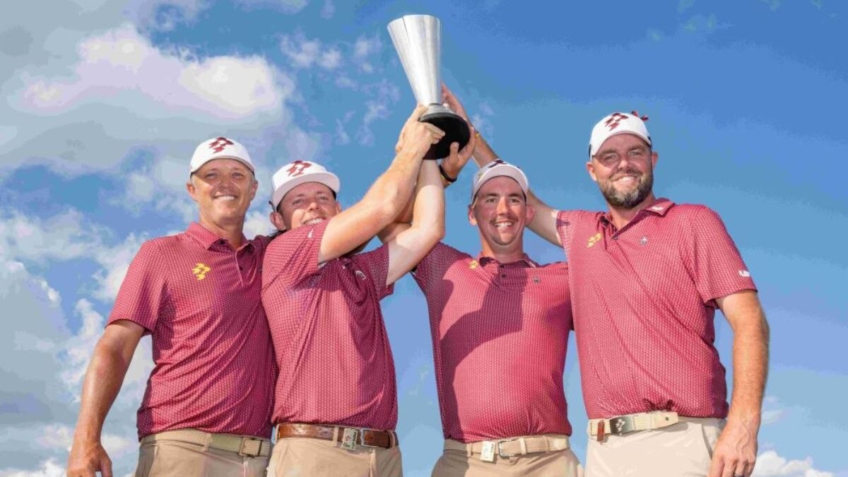 Ripper GC members (from left) Matt Jones, team captain Cameron Smith, Lucas Herbert and Marc Leishman celebrate their LIV Golf Dallas Team Championship victory on Sunday. Image courtesy LIV Golf/Chris Trotman. (Rippers Dallas BT) Ripper GC members (from left) Matt Jones, team captain Cameron Smith, Lucas Herbert and Marc Leishman celebrate their LIV Golf Dallas Team Championship victory on Sunday. Image courtesy LIV Golf/Chris Trotman. (Rippers Dallas BT)