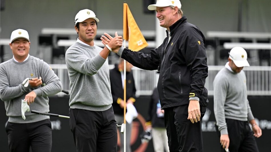 Japanese superstar Hideki Matsuyama with International team assistant captain Ernie Els of South Africa at the Presidents Cup presentation in Montreal on Wednesday. Image courtesy PGA Tour/Getty Images. Japanese superstar Hideki Matsuyama with International team assistant captain Ernie Els of South Africa at the Presidents Cup presentation in Montreal on Wednesday. Image courtesy PGA Tour/Getty Images.