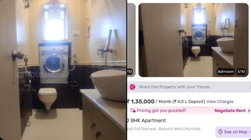 Viral post shows washing machine place over toilet seat (@PaneerMakkhani) Viral post shows washing machine place over toilet seat (@PaneerMakkhani)