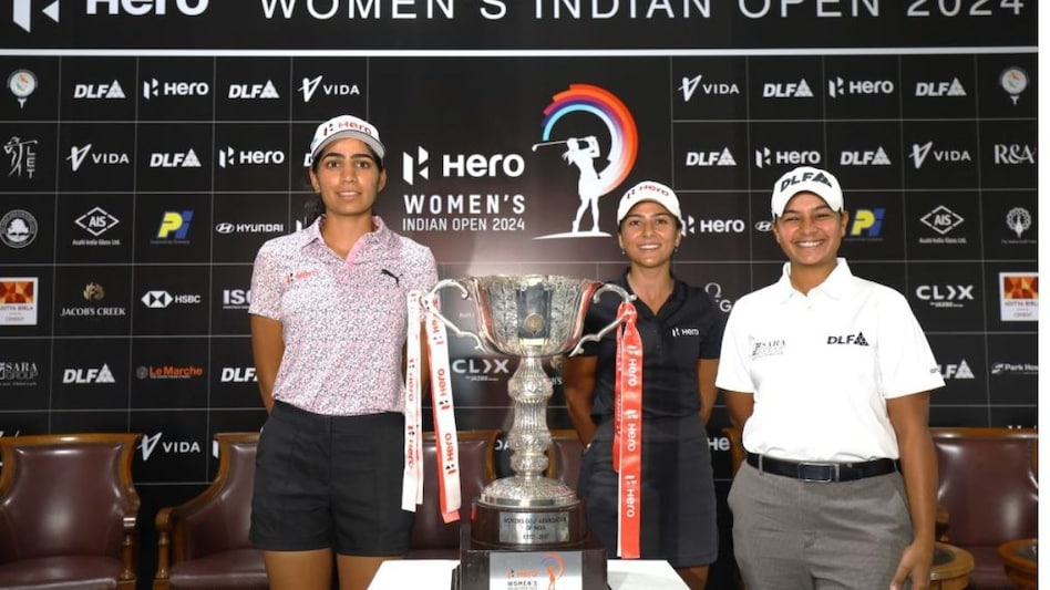 The home challenge at the Hero Women’s Indian Open will be led by the likes of (from left) Diksha Dagar, Tvesa Malik and Hitaashee Bakshi seen here with the ornate tournament trophy. Image courtesy Hero Women’s Indian Open. The home challenge at the Hero Women’s Indian Open will be led by the likes of (from left) Diksha Dagar, Tvesa Malik and Hitaashee Bakshi seen here with the ornate tournament trophy. Image courtesy Hero Women’s Indian Open.