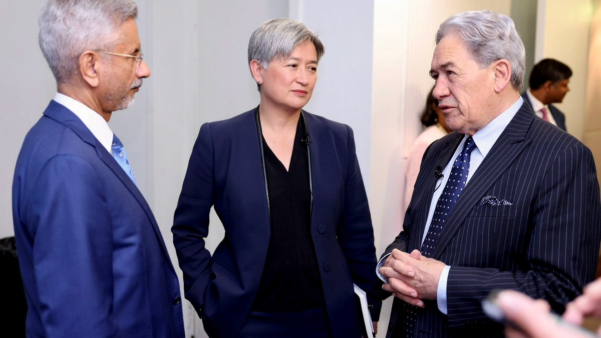 External Affairs Minister S Jaishankar with Australian Foreign Minister Penny Wong (in centre) and New Zealand Deputy PM Winston Peters (right) in Canberra, Australia on Wednesday. (Photo: PTI) External Affairs Minister S Jaishankar with Australian Foreign Minister Penny Wong (in centre) and New Zealand Deputy PM Winston Peters (right) in Canberra, Australia on Wednesday. (Photo: PTI)