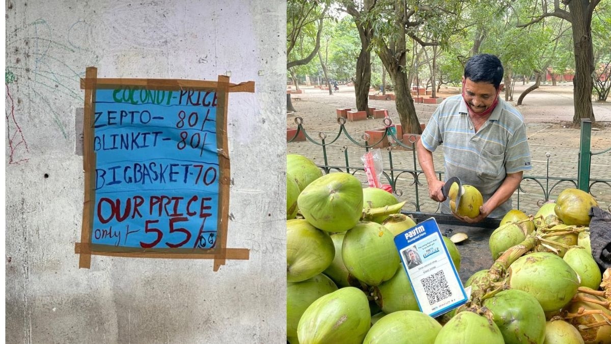 The vendor, whose identity remains undisclosed, has been selling coconuts for Rs 55, significantly lower than the prices offered by online delivery platforms. The vendor, whose identity remains undisclosed, has been selling coconuts for Rs 55, significantly lower than the prices offered by online delivery platforms.