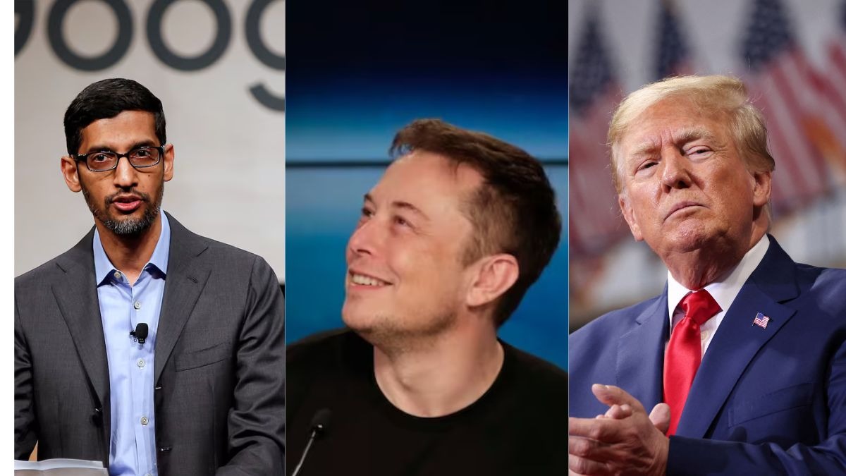 Google CEO Sundar Pichai, Elon Musk and Donald Trump Google CEO Sundar Pichai, Elon Musk and Donald Trump