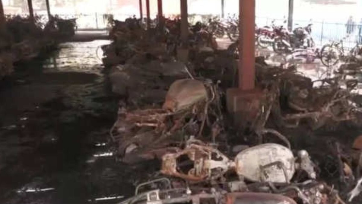 The fire broke out in the parking area of Varanasi Cantt Railway Station, causing significant damage. The fire broke out in the parking area of Varanasi Cantt Railway Station, causing significant damage.