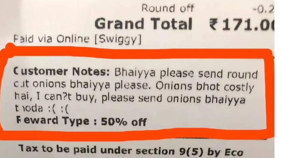 In response, the restaurant generously included extra onions with his meal. In response, the restaurant generously included extra onions with his meal.