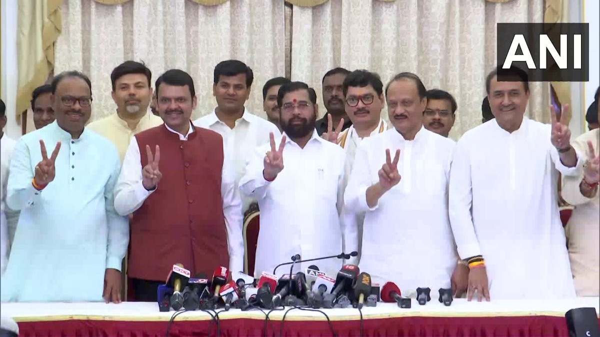 Devendra Fadnavis, Eknath Shinde, Ajit Pawar addressing a press conference. (ANI photo) Devendra Fadnavis, Eknath Shinde, Ajit Pawar addressing a press conference. (ANI photo)