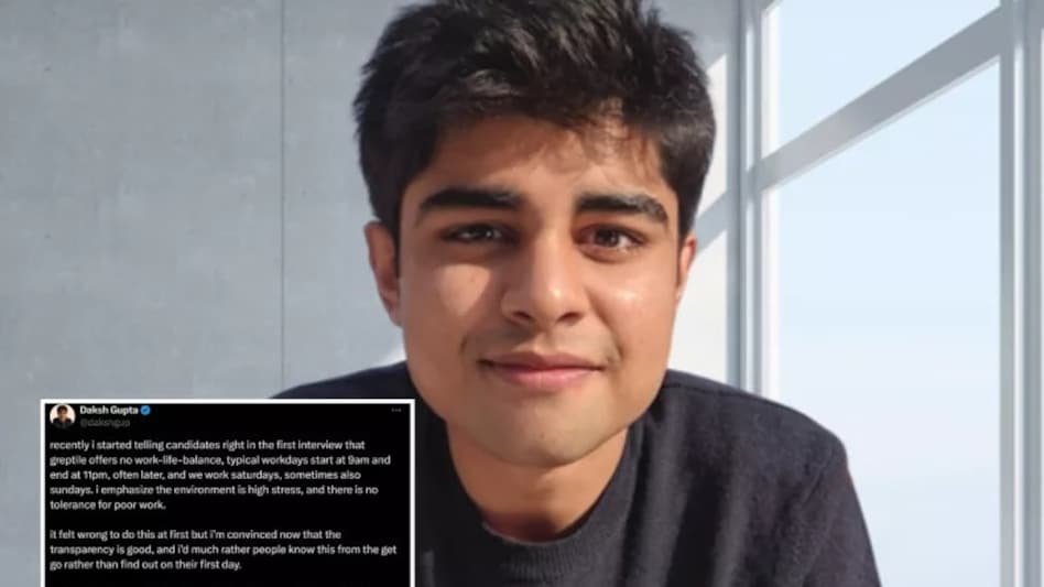 Daksh Gupta, the 23-year-old Indian-origin CEO of the AI start-up Greptile, has found himself at the centre of a storm over his endorsement of an 84-hour workweek policy. Daksh Gupta, the 23-year-old Indian-origin CEO of the AI start-up Greptile, has found himself at the centre of a storm over his endorsement of an 84-hour workweek policy.