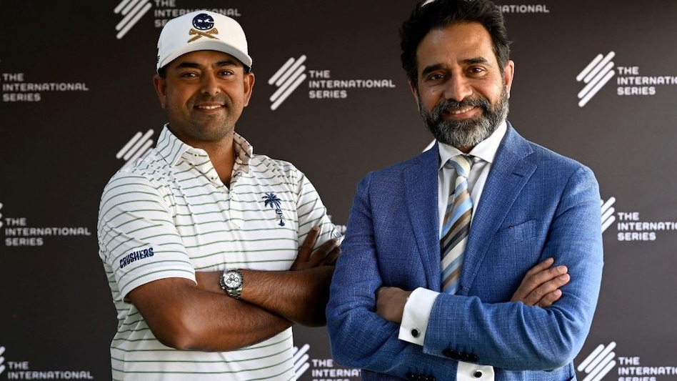 LIV Golf star Anirban Lahiri with DLF joint MD Aakash Ohri at the announcement of the International Series India on Wednesday. LIV Golf star Anirban Lahiri with DLF joint MD Aakash Ohri at the announcement of the International Series India on Wednesday.