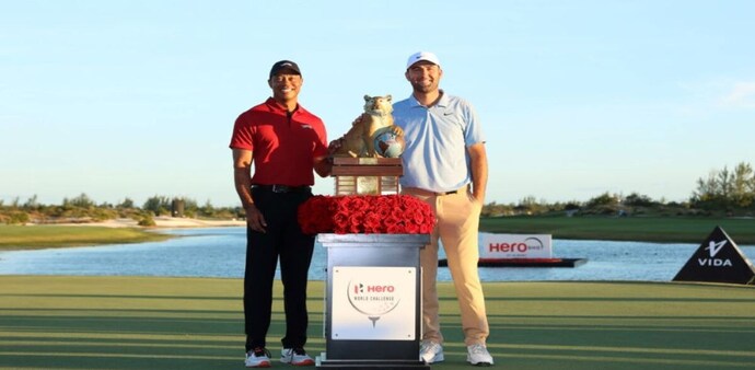 Tournament host Tiger Woods with 2024 Hero World Challenge winner Scottie Scheffler at the Albany Golf Club on Sunday. Image courtesy herworldchallenge.com. Tournament host Tiger Woods with 2024 Hero World Challenge winner Scottie Scheffler at the Albany Golf Club on Sunday. Image courtesy herworldchallenge.com.