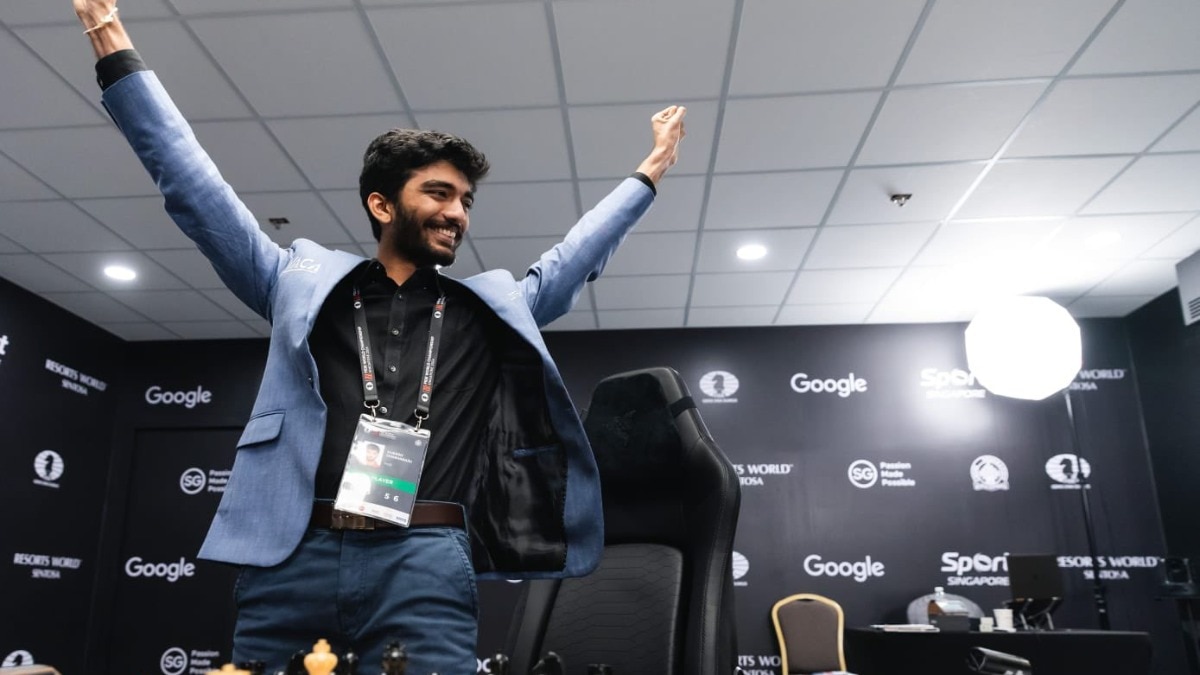 D Gukesh celebrating after defeating Ding Liren D Gukesh celebrating after defeating Ding Liren