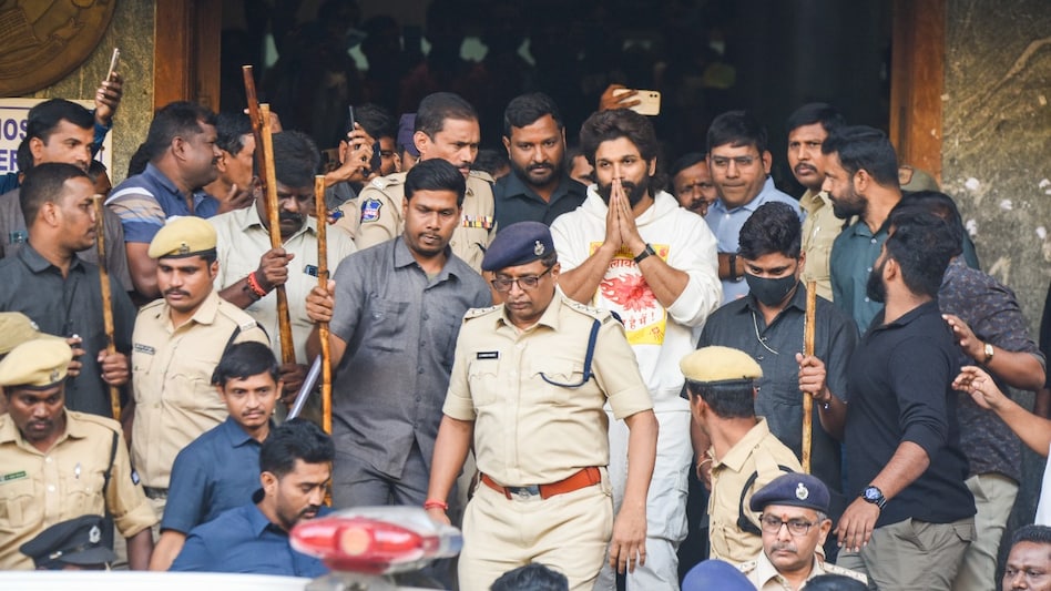 Telugu actor Allu Arjun leaves from Gandhi Hospital after a medical check-up following his arrest, in Hyderabad, on December 13. Telugu actor Allu Arjun leaves from Gandhi Hospital after a medical check-up following his arrest, in Hyderabad, on December 13.