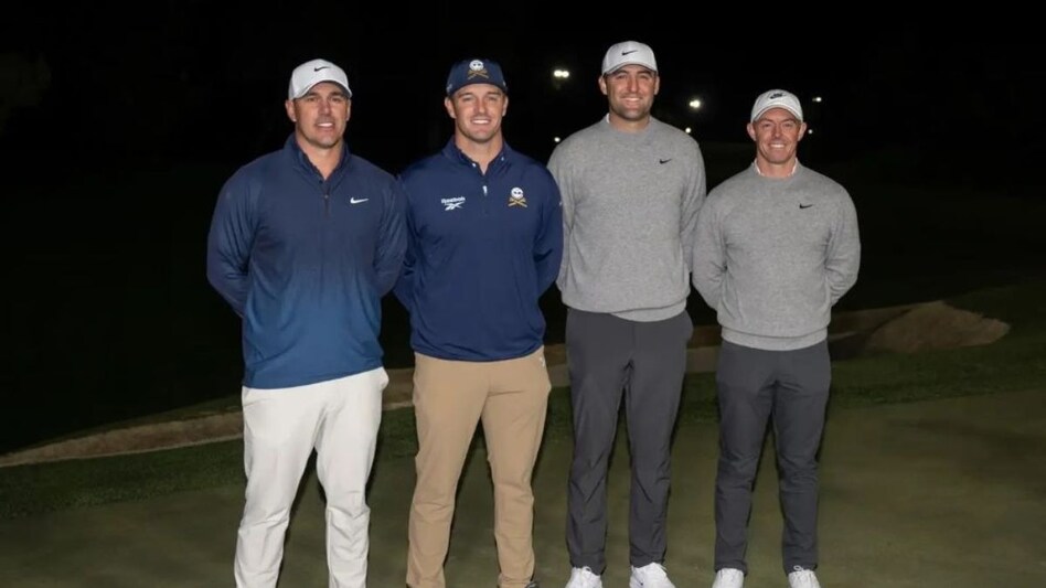Brooks Koepka (from left), Bryson DeChambeau, Scottie Scheffler and Rory McIlroy at the Crypto.Com Showdown in Las Vegas last week. Image courtesy LIV Golf. Brooks Koepka (from left), Bryson DeChambeau, Scottie Scheffler and Rory McIlroy at the Crypto.Com Showdown in Las Vegas last week. Image courtesy LIV Golf.