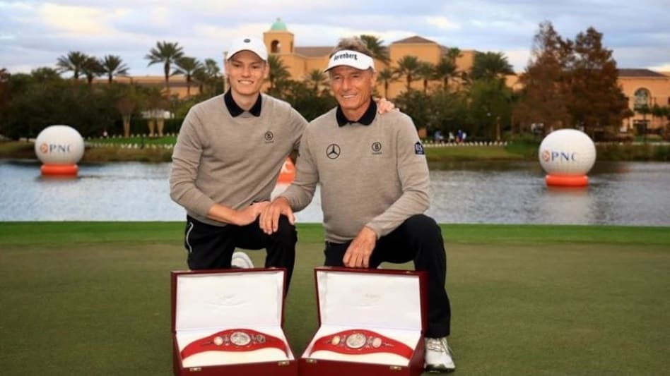 Jason Langer and his legendary father Bernhard with their PNC Championship belts after beating Tiger and Charlie Woods in a playoff at the Ritz-Carlton GC in Orlando, Florida, on Sunday. Image courtesy pncchampionship.com. Jason Langer and his legendary father Bernhard with their PNC Championship belts after beating Tiger and Charlie Woods in a playoff at the Ritz-Carlton GC in Orlando, Florida, on Sunday. Image courtesy pncchampionship.com.