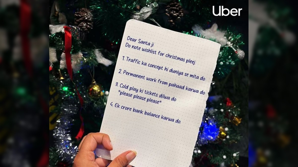 Uber India's Christmas post has struck a chord with netizens, blending humor with relatable wishes in a letter to Santa Claus. Uber India's Christmas post has struck a chord with netizens, blending humor with relatable wishes in a letter to Santa Claus.