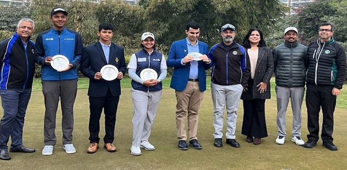 Top achievers of the DLF Golf Academy with leading faculty members at a celebration to honour the players at its premises in Gurgaon. Image courtesy DLF Golf Academy. Top achievers of the DLF Golf Academy with leading faculty members at a celebration to honour the players at its premises in Gurgaon. Image courtesy DLF Golf Academy.
