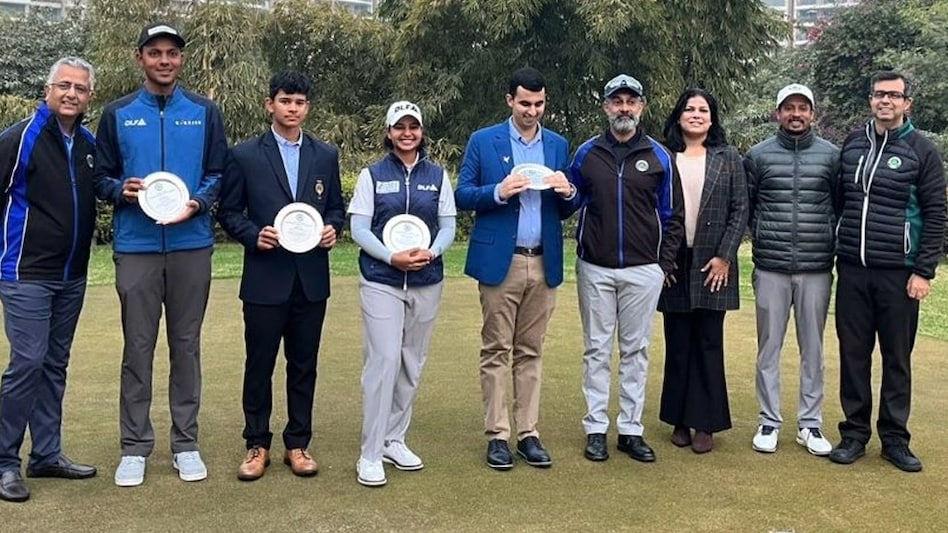 Top achievers of the DLF Golf Academy with leading faculty members at a celebration to honour the players at its premises in Gurgaon. Image courtesy DLF Golf Academy. Top achievers of the DLF Golf Academy with leading faculty members at a celebration to honour the players at its premises in Gurgaon. Image courtesy DLF Golf Academy.