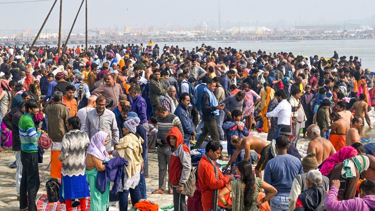 Devotees gather at Sangam, the confluence of the Ganga, Yamuna and the Saraswati rivers, ahead of the Maha Kumbh Mela festival, in Prayagraj, on January 11. Devotees gather at Sangam, the confluence of the Ganga, Yamuna and the Saraswati rivers, ahead of the Maha Kumbh Mela festival, in Prayagraj, on January 11.