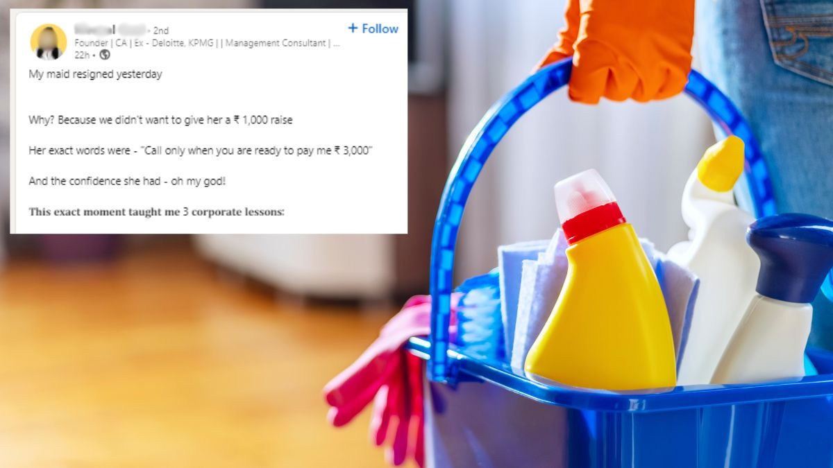 A Delhi-based CA slammed for denying maid Rs 1,000 raise. (Representational image from Pexels and Meenal Goel/LinkedIn) A Delhi-based CA slammed for denying maid Rs 1,000 raise. (Representational image from Pexels and Meenal Goel/LinkedIn)