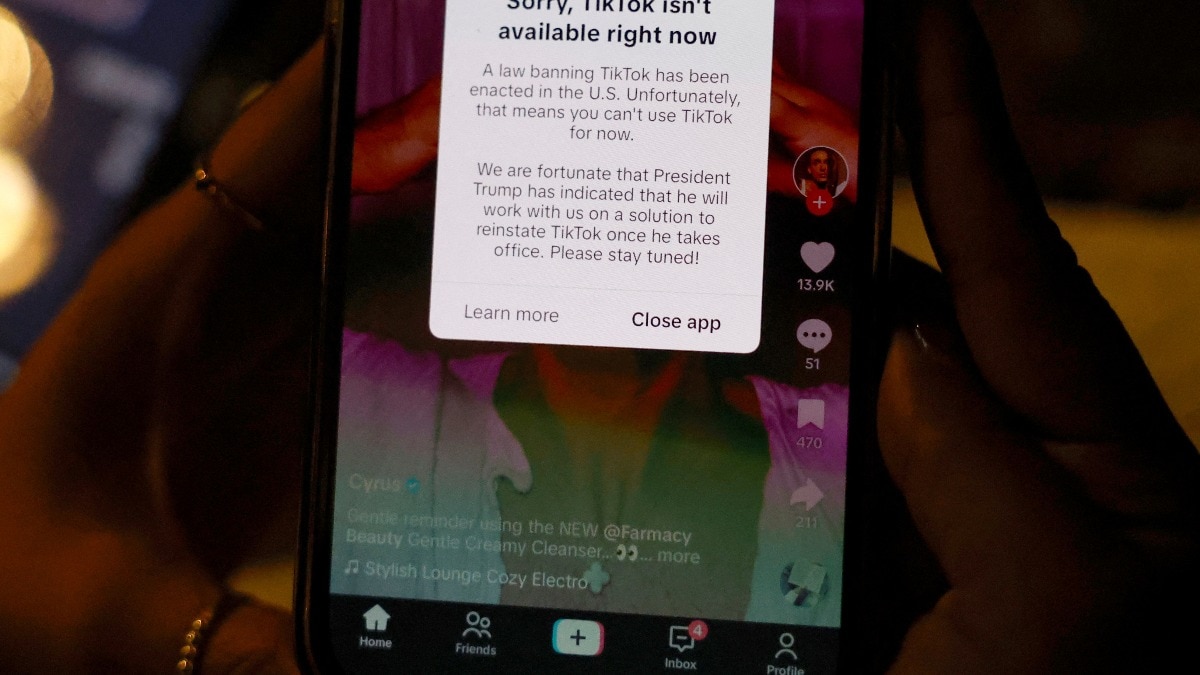 A user shows the message on TikTok app after it stopped working in the United States late on Saturday and disappeared from Apple and Google app stores. A user shows the message on TikTok app after it stopped working in the United States late on Saturday and disappeared from Apple and Google app stores.
