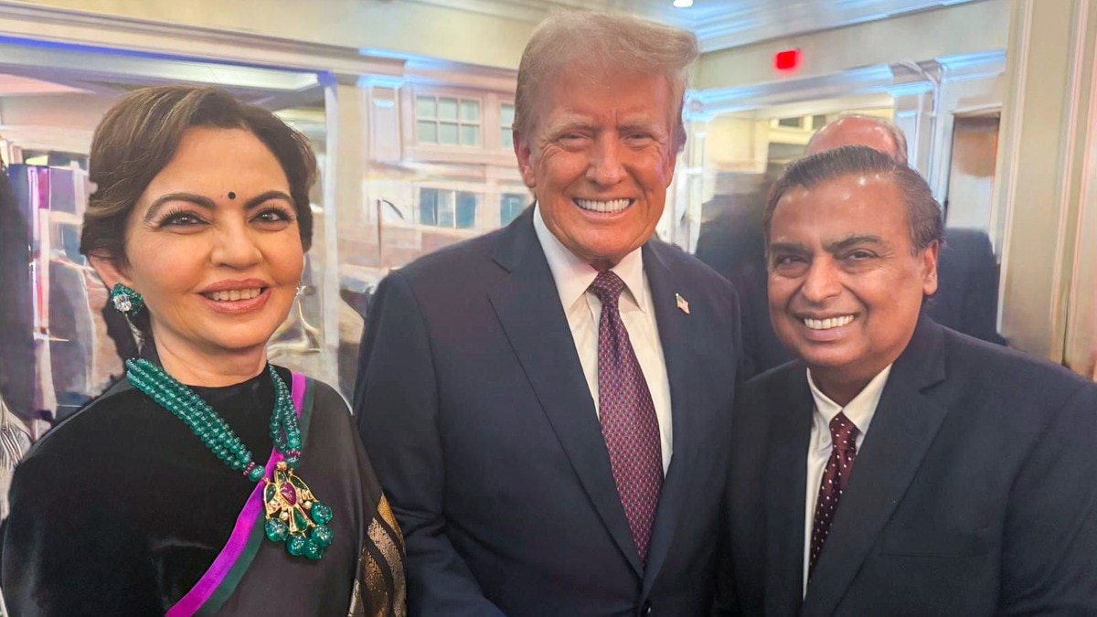 US President-elect Donald Trump with RIL Chairman Mukesh Ambani and Reliance Foundation Chairperson Nita Ambani at a pre-swearing-in dinner in Washington. US President-elect Donald Trump with RIL Chairman Mukesh Ambani and Reliance Foundation Chairperson Nita Ambani at a pre-swearing-in dinner in Washington.
