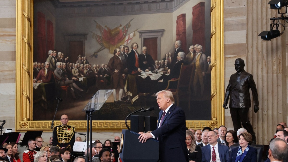 US President Donald Trump delivers his inaugural address on the day of his Presidential Inauguration at the Rotunda of the US Capitol in Washington on January 20 US President Donald Trump delivers his inaugural address on the day of his Presidential Inauguration at the Rotunda of the US Capitol in Washington on January 20
