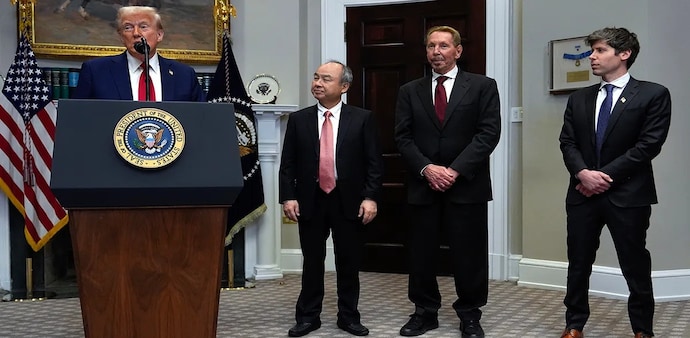 US President Donald Trump with Masayoshi Son (SoftBank), Larry Ellison (Oracle) and Sam Altman (OpenAI) US President Donald Trump with Masayoshi Son (SoftBank), Larry Ellison (Oracle) and Sam Altman (OpenAI)
