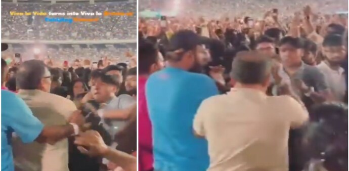 A video of two men engaged in a brawl at Coldplay's Ahmedabad concert went viral. (Photos: Ghar Ke Kalesh/X) A video of two men engaged in a brawl at Coldplay's Ahmedabad concert went viral. (Photos: Ghar Ke Kalesh/X)